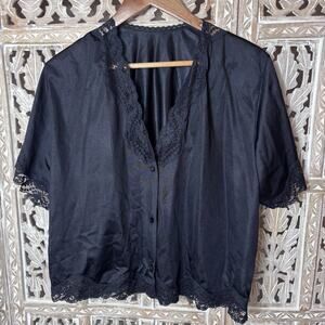 Vintage Ilusion Black Lace Trim Negligee Top Coquette Fairycore Soft Girl SZ XL